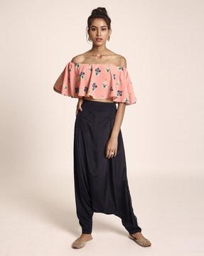 printed art crepe ruffle off-shoulder top with low crotch pants