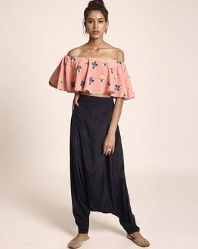 printed art crepe ruffle off-shoulder top with low crotch pants