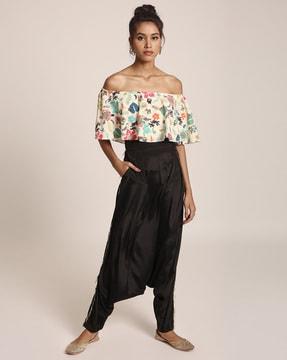 printed art crepe ruffle off-shoulder top with low crotch pants