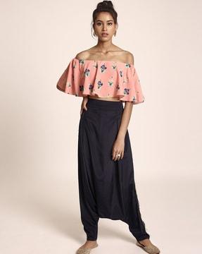 printed art crepe ruffle off-shoulder top with low crotch pants