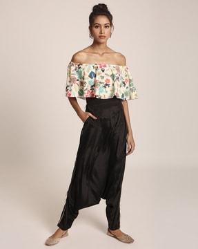 printed art crepe ruffle off-shoulder top with low crotch pants