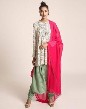 printed art crepe short kalidaar with crepe low crotch pants & georgette dupatta