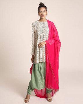 printed art crepe short kalidaar with crepe low crotch pants & georgette dupatta