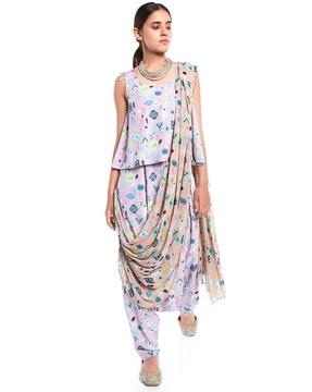 printed art crepe top & low crotch pants with attached art georgette drape dupatta