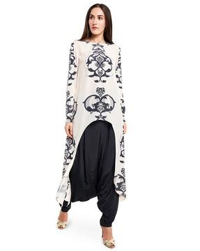 printed art crepe top with low crotch pants