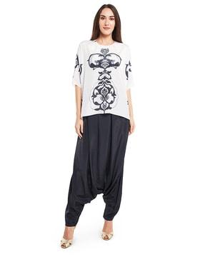 printed art crepe top with low crotch pants