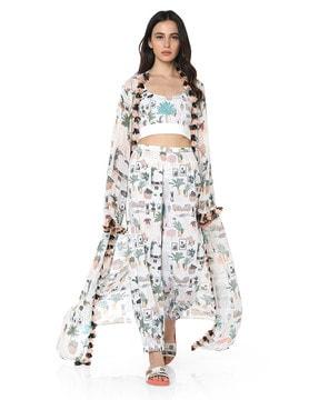 printed art georgette duster jacket with art crepe bustier & jogger pants