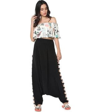 printed art georgette off-shoulder ruffle top with low crotch pants