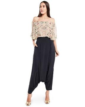 printed art georgette off-shoulder ruffle top with low crotch pants