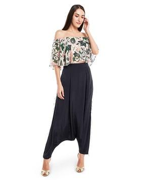 printed art georgette off-shoulder ruffle top with low crotch pants