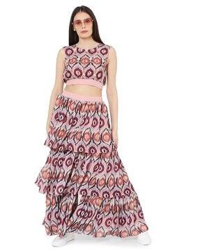 printed art silk balloon top with layered sharara pants