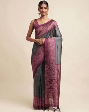 printed art silk saree with tassels