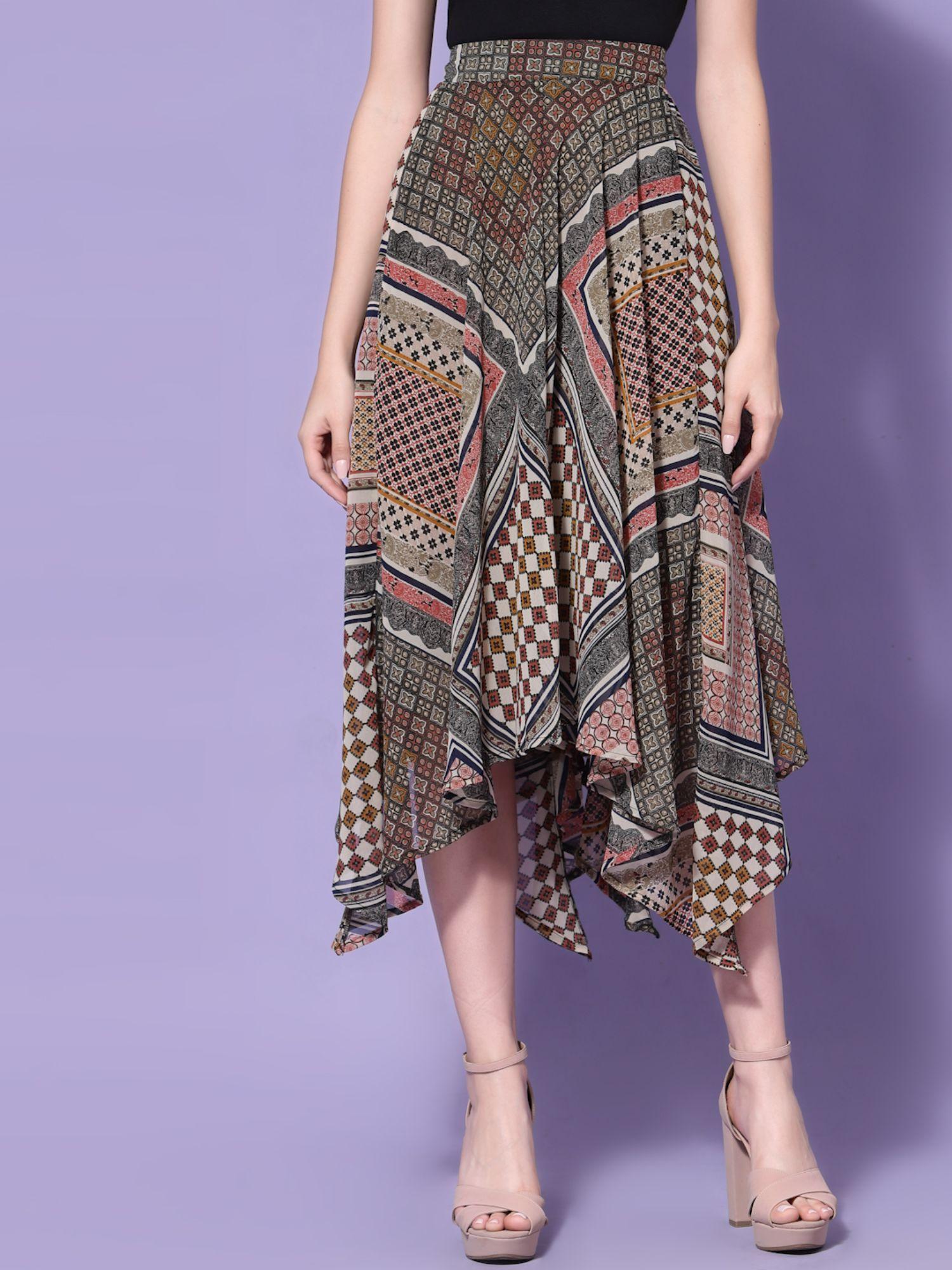 printed asymmetric flared skirt