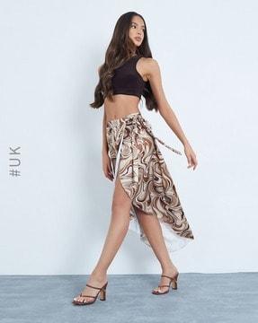 printed asymmetrical wrap skirt with tie-ups