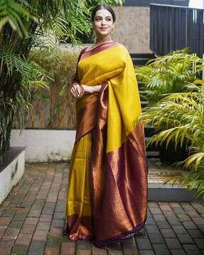 printed banarasi silk saree with contrast border