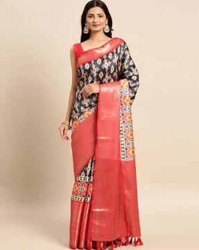 printed banarasi silk saree with tassels