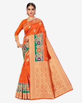 printed banarasi silk woven saree with blouse piece