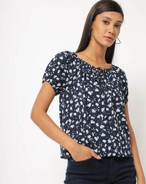 printed bardot top with tie-up