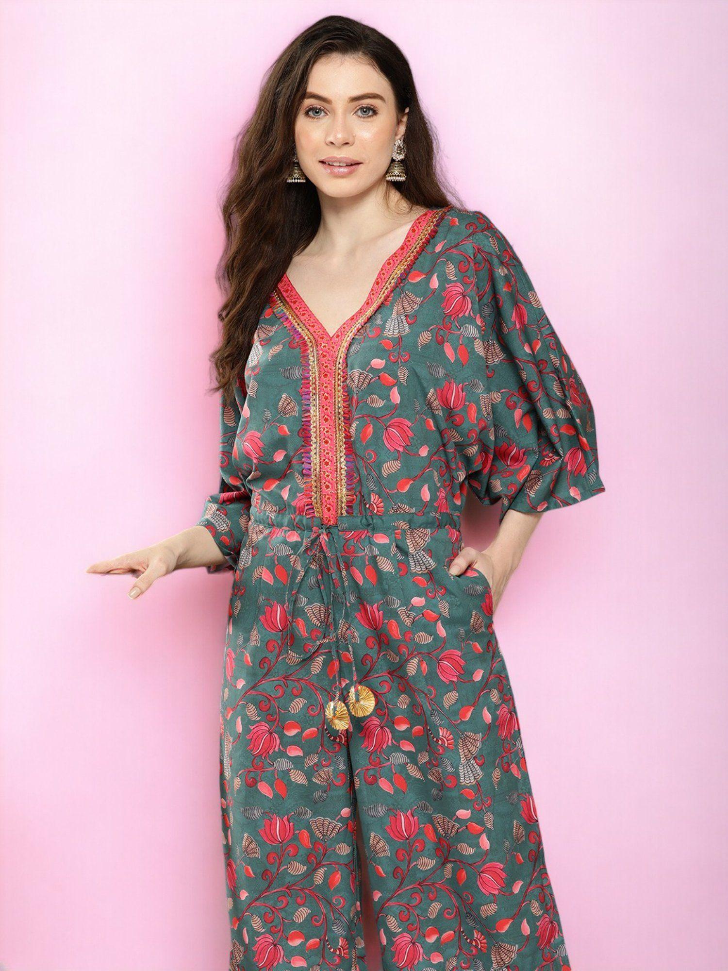 printed basic jumpsuit with lace inserts