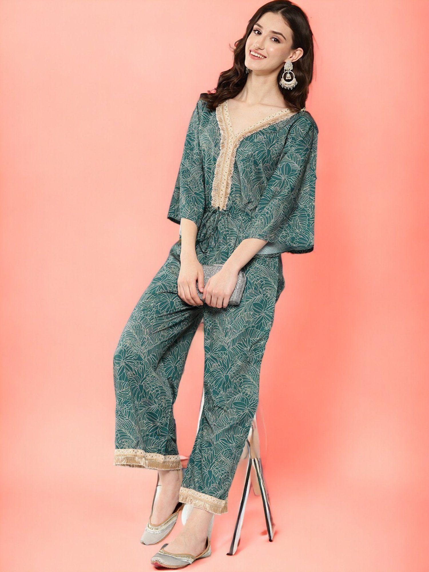 printed basic jumpsuit with lace inserts