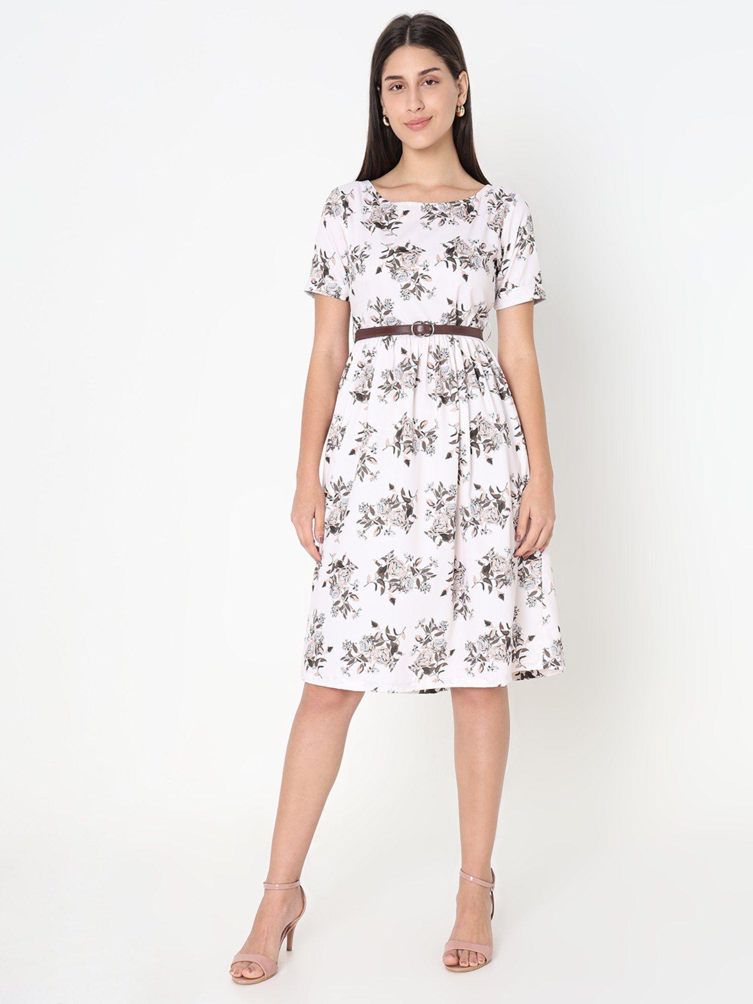 printed beige boat neck half sleeves dress with belt (set of 2)