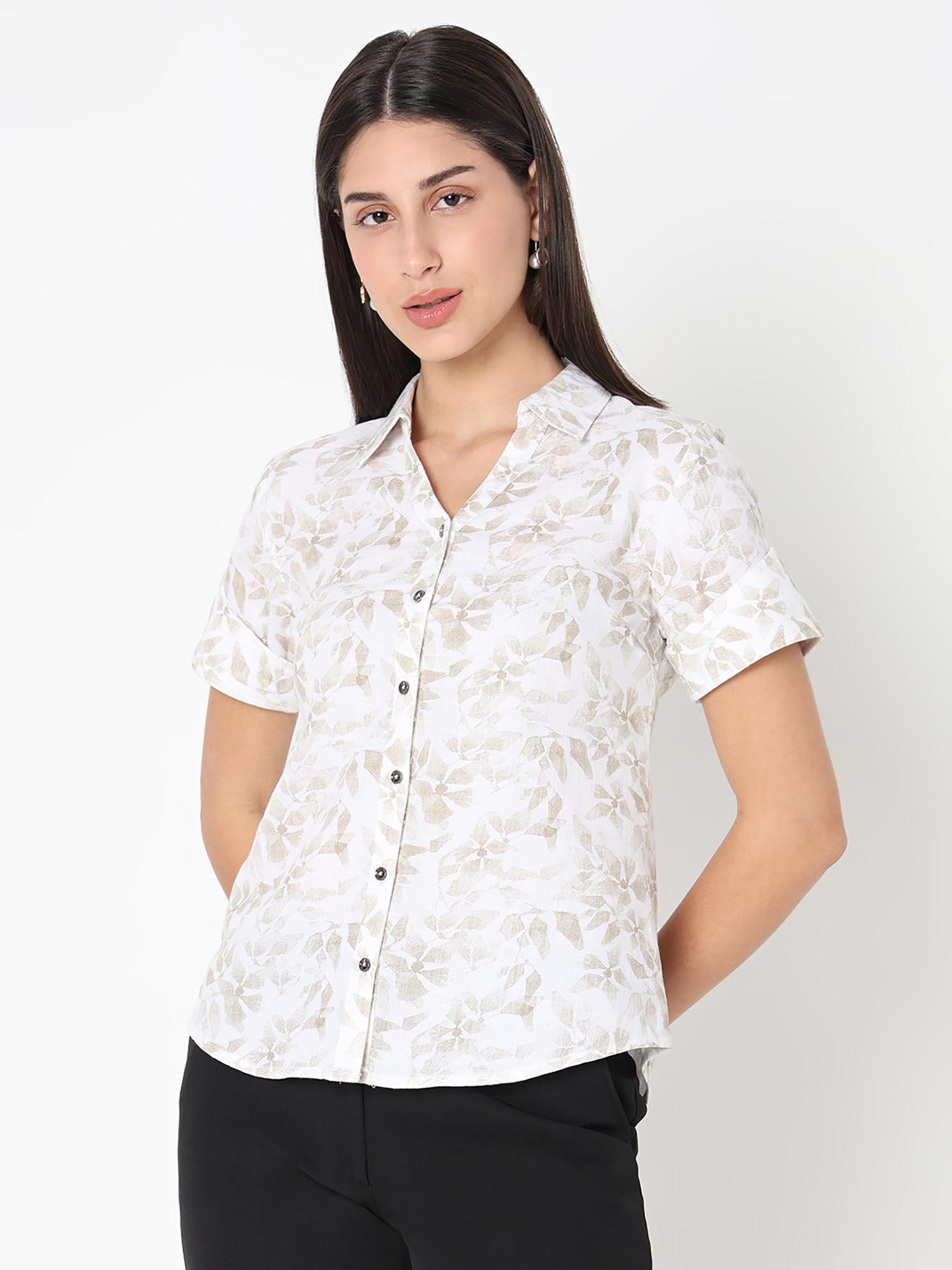 printed beige cotton linen collar neck shirt with reverse cuff detailing