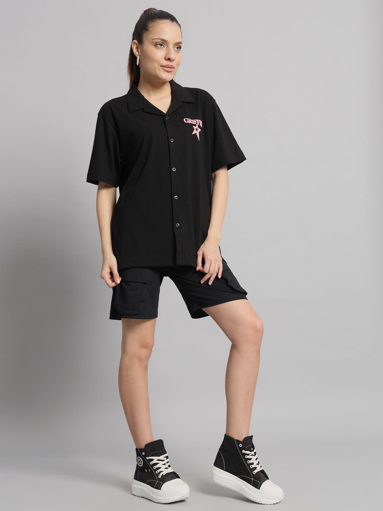 printed black bowling shirt and shorts (set of 2)