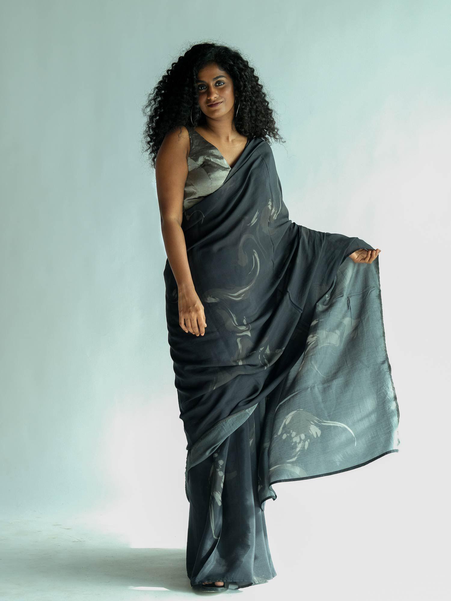 printed black modal saree