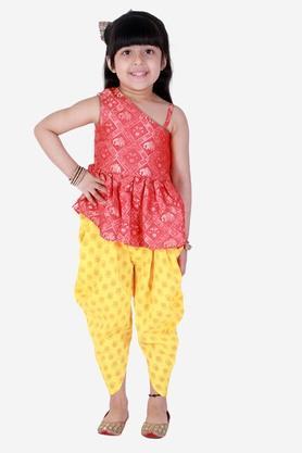 printed blended asymmetric girls kurta dhoti set - orange