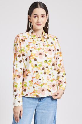 printed blended collar neck women's shirt - multi