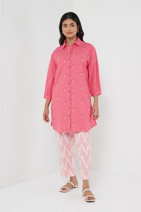 printed blended collared women's kurti - light pink
