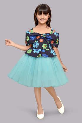 printed blended fabric boat neck girls party wear dress - blue