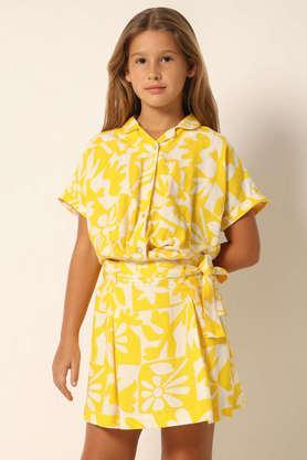 printed blended fabric collared girls shirt - yellow