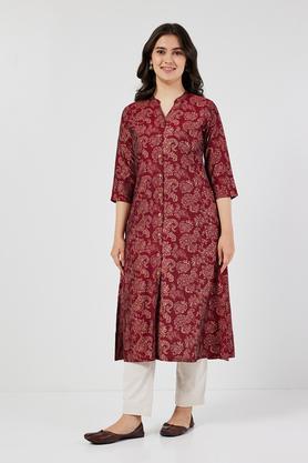 printed blended fabric collared women's casual wear a line kurta - maroon