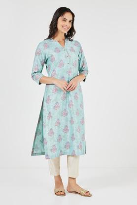 printed blended fabric collared women's casual wear kurta - blue