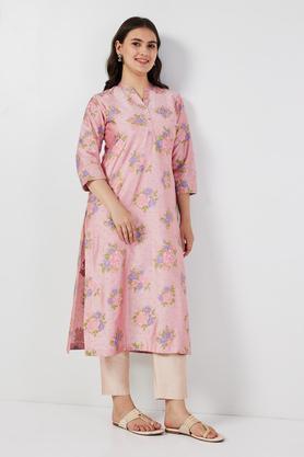 printed blended fabric collared women's casual wear kurta - pink