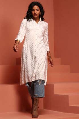printed blended fabric collared women's festive wear kurta - off white