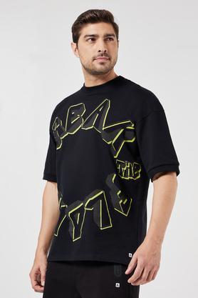 printed blended fabric crew neck men's t-shirt - black
