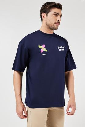 printed blended fabric crew neck men's t-shirt - navy