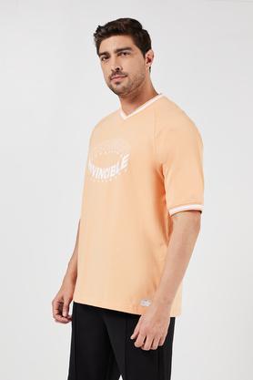 printed blended fabric crew neck men's t-shirt - peach