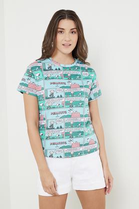 printed blended fabric crew neck women's t-shirt - green
