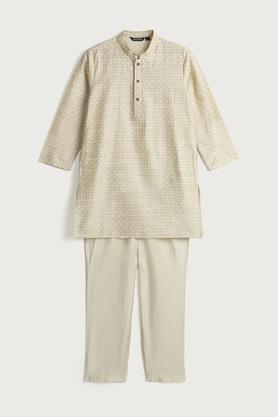 printed blended fabric mandarin collar boys kurta set - beige