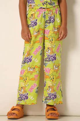 printed blended fabric regular fit girls trousers - green