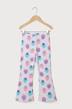 printed blended fabric regular fit girls trousers - white