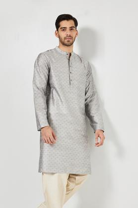 printed blended fabric regular fit men's kurta - grey