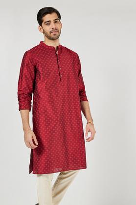 printed blended fabric regular fit men's kurta - marron