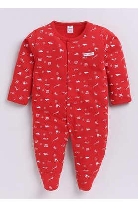 printed blended fabric regular fit unisex infant shoe rompers - red
