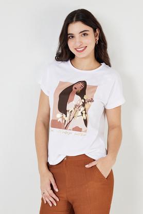 printed blended fabric regular fit women's t-shirt - white