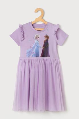 printed blended fabric round neck girls casual wear dress - lilac