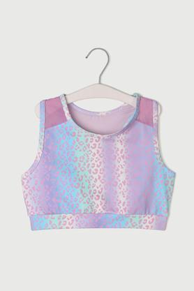 printed blended fabric round neck girls top - multi